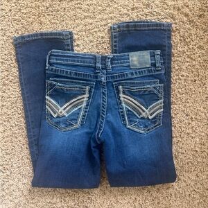 Buckle Dark Blue Denim Jeans with Contrast Embroidered Pockets
